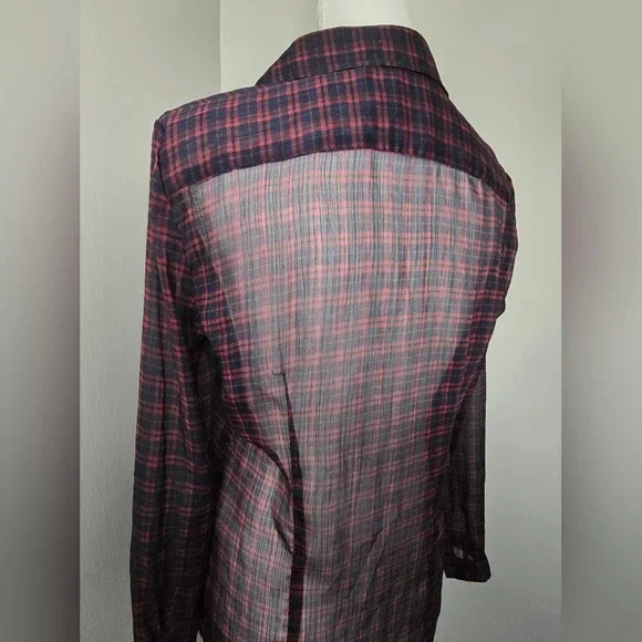 American Eagle Sheer Long Sleeve Ruffle Plaid Blouse - Picture 7 of 8